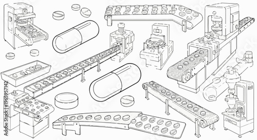 Pharmaceutical pill manufacturing process with conveyor belts and machinery