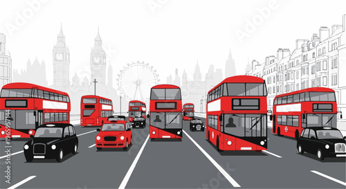 Red double-decker buses and black taxis navigate a city street with iconic landmarks