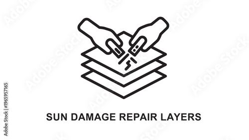 a minimalist line art illustration of hands fixing sun damage layers, representing repair and restoration concepts for business or educational use