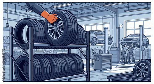 Mechanics working on cars in a blue-toned garage with stacked tires