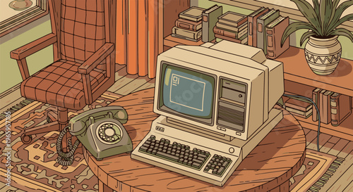 Retro workspace with vintage computer, rotary phone, and plush chair