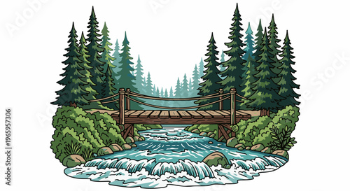 Rustic wooden bridge crosses a flowing river amidst dense forest trees
