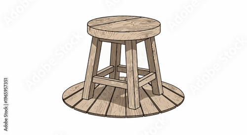 Rustic wooden stool with round seat and tiered base