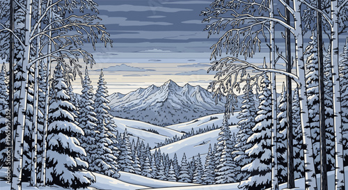 Pixel art winter forest scene with snow-covered trees and mountains