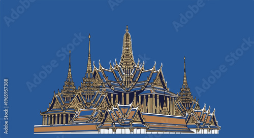 Ornate golden and blue temple spires rise against a vast blue sky
