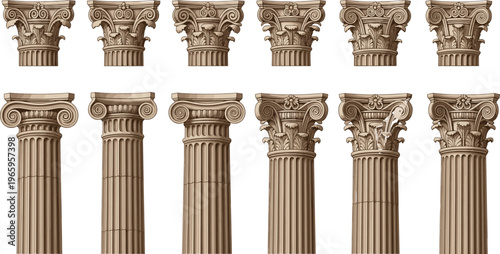 Classical column capitals collection with Ionic and Corinthian styles, ancient architecture elements, decorative stone pillars vector illustration isolated on clean background