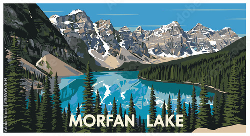 Mountain range reflected in serene blue lake amidst dense pine forest