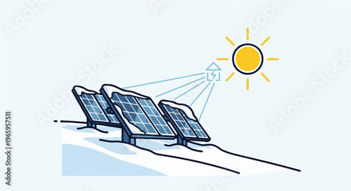 Snowy solar panels capture sun's energy for a house
