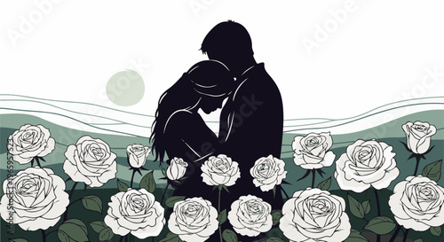 Silhouetted couple embracing amidst a field of white roses under a hazy sun