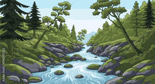 Pixelated forest scene with a winding river flowing between mossy rocks and trees