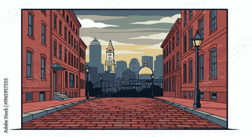 Pixel art city street with brick buildings, cobblestone road, and skyline