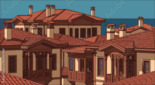 Pixelated illustration of old tiled roofs and balconies overlooking the sea