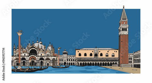 Stylized cityscape with ornate buildings, canals, and gondolas