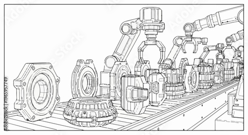 Robotic arms assemble parts on an automated production line