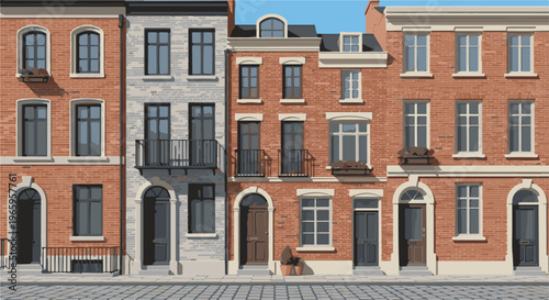 Row of brick and stone townhouses with windows, doors, and balconies