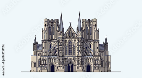 Intricate facade of a grand Gothic cathedral with spires, arches, and windows