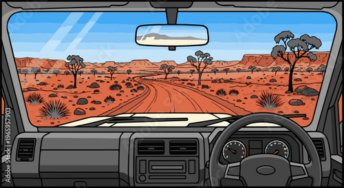 View from inside a vehicle driving on a dirt road through an Australian outback landscape