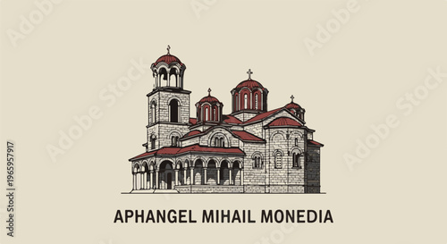 Stylized illustration of a large stone church with multiple domes and a bell tower