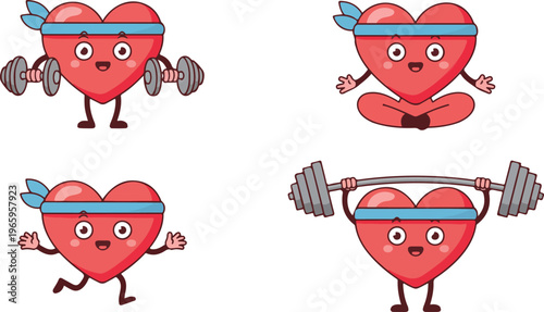 Cute heart mascot character set exercising with dumbbells lifting weights running and meditating in yoga pose for healthy lifestyle fitness concept flat vector illustration.