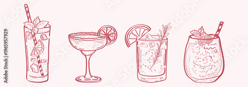 Tropical cocktail summer drink sketch, hand drawn beach bar menu, exotic fruity beverage illustration, summer party drink doodle, refreshing alcohol cocktail vector, tiki bar drink background, iced be