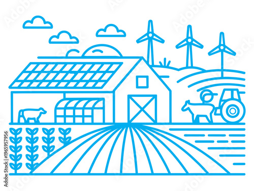 A modern farm illustration featuring renewable energy sources and agricultural elements in blue high quality professional