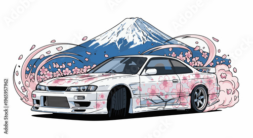 White sports car with sakura blossoms and Mount Fuji background
