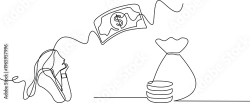A person struggling while money flows into a piggy bank from an envelope Vector