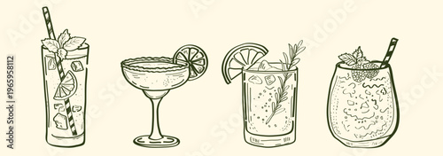 Collection of hand drawn vector illustrations of drinks and cocktails in different glasses with ice cubes, garnishes, citrus, herbs, strawberry, olives, in doodle ink sketch style for wedding or party