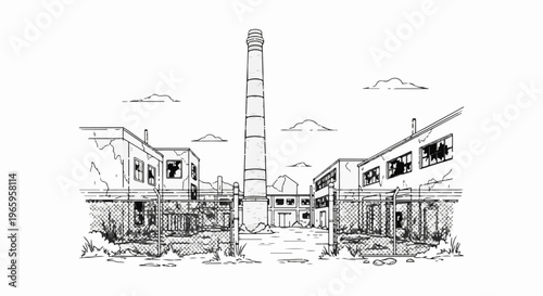 Derelict industrial site with tall chimney and broken windows