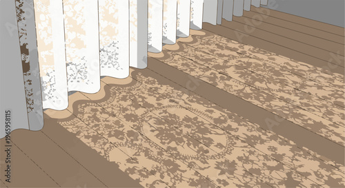 Sunlight casts lace patterns from curtains onto wooden floorboards and a rug