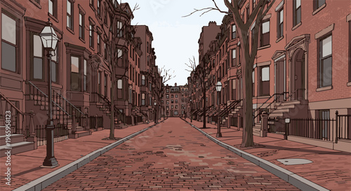 Stylized view of a cobblestone street lined with brick rowhouses