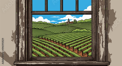 View of rolling vineyard landscape through a rustic, weathered window frame