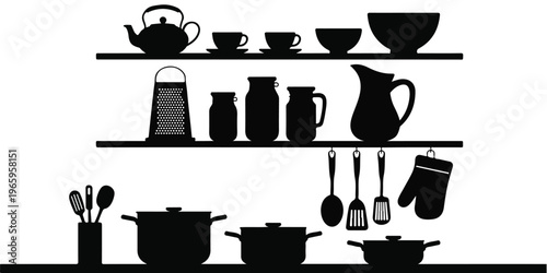 Kitchenware silhouette collection featuring shelves with pots pans teapot cups jars and utensils for cooking and home interior design isolated on white background vector illustration.
