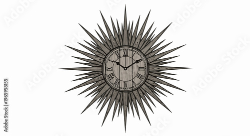 Vintage sunburst clock with Roman numerals on a wood-textured face