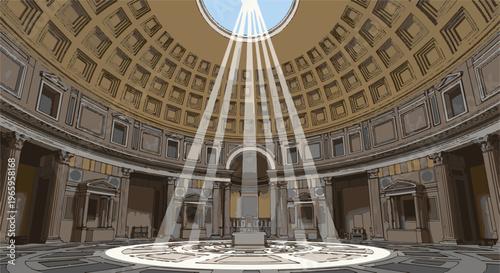 Sunlight streams through the oculus of a grand, domed classical building interior
