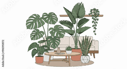 Cozy living room filled with lush green potted plants and modern furniture