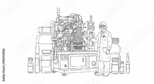 Scientist operating advanced manufacturing equipment, surrounded by pharmaceutical vials