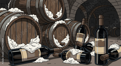 Wine cellar with stacked barrels and scattered bottles