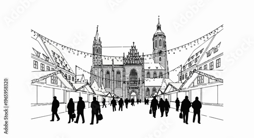 Black and white sketch of a bustling marketplace in front of a grand cathedral