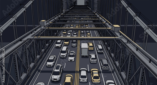 Busy traffic jams on a large suspension bridge at dusk