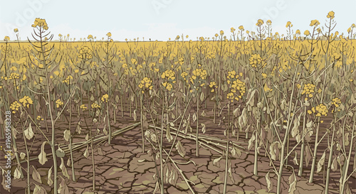 Yellow flowers bloom in dry cracked earth under pale sky