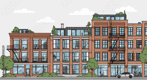 Brick buildings with many windows, balconies, trees, and a car