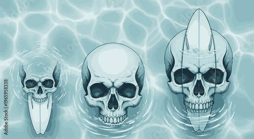 Three skulls partially submerged in stylized, rippling water
