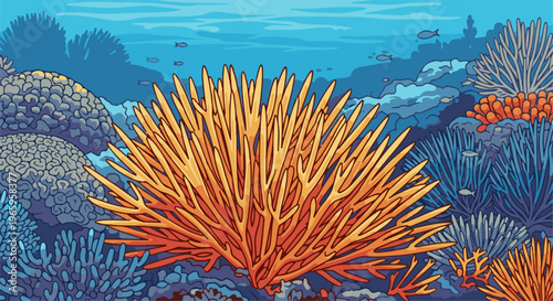 Vibrant pixel art depicts an underwater coral reef with diverse marine flora and fauna