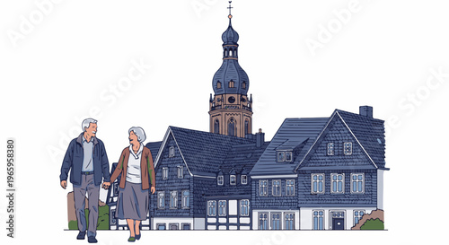 An elderly couple walks hand-in-hand past traditional European buildings with a bell tower