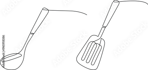 Two essential kitchen utensils: a ladle and a slotted spatula Vector