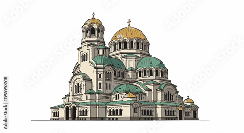 A detailed artistic rendering of a grand cathedral with golden and green domes