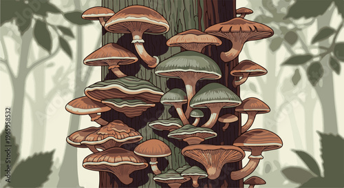 A cluster of diverse mushrooms grows on a tree trunk in a forest