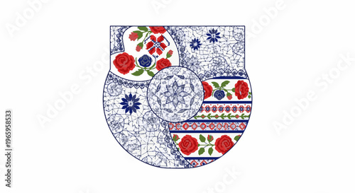 A decorative vase design featuring floral patterns and intricate geometric motifs