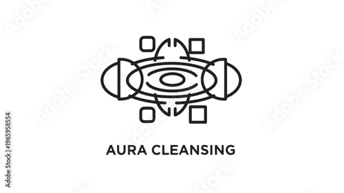 Minimalist black and white line art depicting aura cleansing with hands and energy flow, ideal for spiritual wellness, holistic health, meditation, and alternative therapy content.
